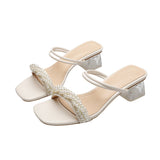 Nude Wide Fit Block Heels Pearls Strap High Heels