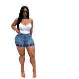 Women Plus Size Denim Shorts High Elastic Slim Fit Rose Denim Shorts