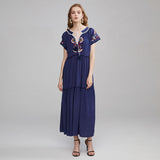 Women Dresses Bohemian Embroidered V-neck Lace-up Dress Long Dress