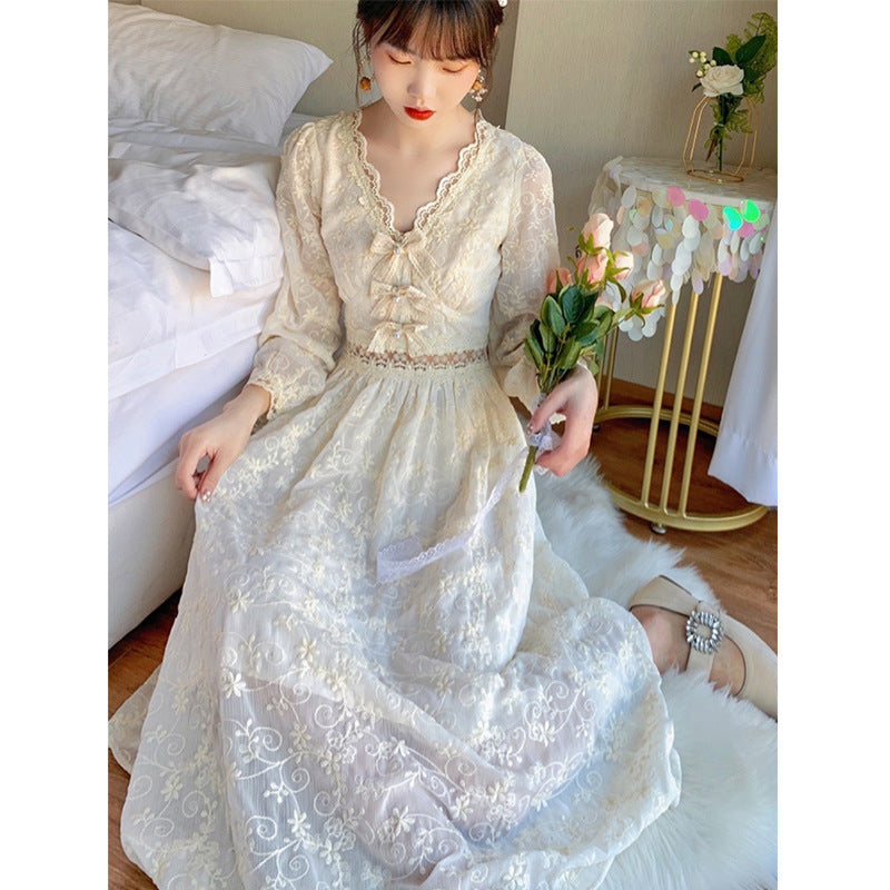 Fairy Dress Pearl Butterfly Big Swing Hollow Heart Machine Midriff Outfit Sweet French Dress