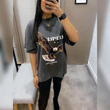 Present T Shirt Eagle Print Distressed Loose Hip Hop round Neck Couple