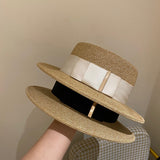 Straw Hat Flat Top Women's Straw Hat Beach Hat British Style Top Hat