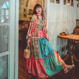 Beth Dutton Bohemian Dress Winter Autumn Midi Dresses Flare Sleeve Contrast Color Round Neck 3/4 Sleeve Color Holiday Dress