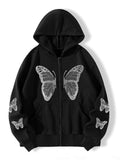 Rrr123 Hoodie Butterfly Print plus Size Loose and Hooded Cardigan Sweatshirt
