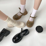 Nude Block Heel Sandals Retro British Style Mary Jane Leather Shoes