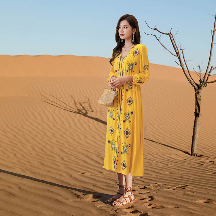 Beth Dutton Bohemian Dress Winter Autumn Midi Dresses Embroidered Cotton Linen Soft V-neck Long Sleeve Waist-Controlled Lace-up Vacation Long Dress