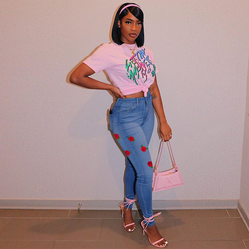 Women Plus Size Jeans Summer Rose Printed Denim Skinny Pants Trousers