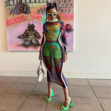 Music Festivals Rave Outfits Dress Autumn Turtleneck Long Sleeve Sexy See-through Printed Slim Fit Sheath Dress