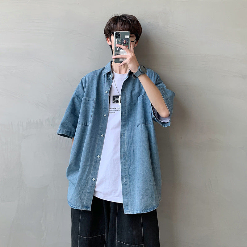Denim Shirts Loose Cargo Short Sleeve Shirt Casual Overshirt