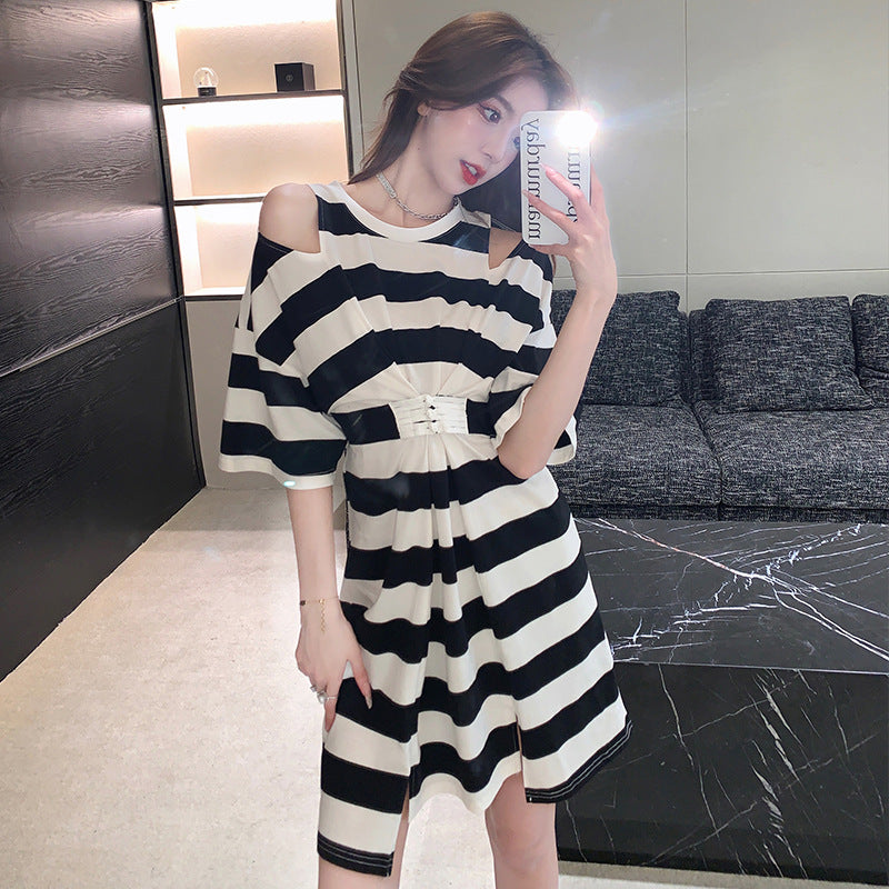 Black and White Dress Split Striped Dress for Women