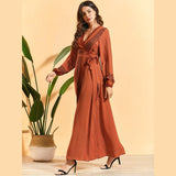 Bohemian V-neck Vintage Printed Lace-up Lantern Sleeve Fashion Dress