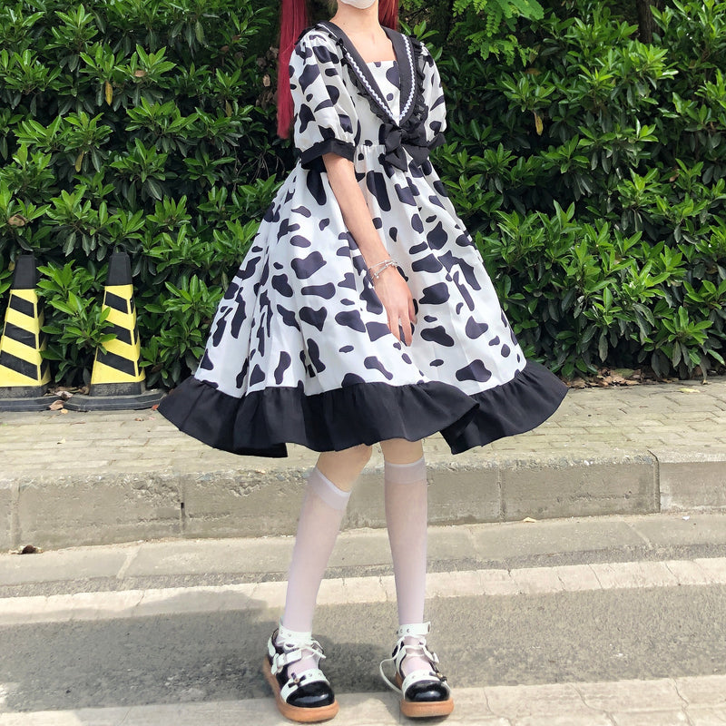 Gothic Lolita Harajuku Style Clothing Bowknot Cow Print Student Sweet Dress