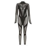 Fall Women's Clothing Sexy Mesh See-through Slim Fit Patchwork High Waist One-Piece Trousers