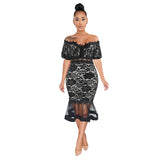 Puff Short Sleeve Lace Fishtail Skirt See-Through Dress