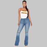 Women Plus Size Jeans High Waist Slim Denim with Hole Trousers