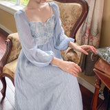 Fairy Dress French Romantic Elegant Blue Rose Jacquard Autumn Pearl over the Knee A- line Long Dress Temperament Female