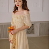 Women Cottagecore Dress Platycodon Grandiflorum Light Yellow Elegant Dress Summer
