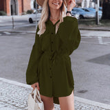 Women Dress Lapel Loose Slim Fit Tied Lantern Sleeve Shirt Jumpsuit Skirt