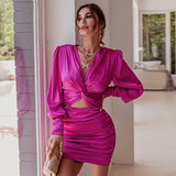 Dakota Johnson Red Mini Dress Deep V Lantern Sleeve Pleated Hip Skirt