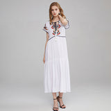 Women Dresses Bohemian Embroidered V-neck Lace-up Dress Long Dress