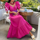 Women Bohemian Dress Women's Summer Fashion Short Sleeve V-neck Solid Color