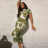 Music Festivals Rave Outfits Dress Summer round Neck Short Sleeves Sexy Mesh See-through Slim-Fit Printed Dress