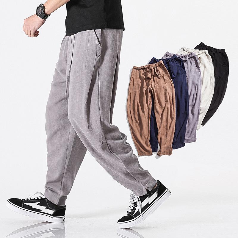 Linen Pants Straight Leg Pants Drawstring Lightweight Elastic Beach Pants Men's Soft Vintage Harem Pants