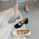 Nude Pumps Block Heel Mary Jane Leather Shoes