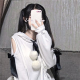 Gothic Lolita Harajuku Style Clothing Fall Pompons off-the-Shoulder Bow Hooded Sweater
