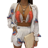 Women Pants Suit Women's Summer Casual Suit Butterfly Printed Three-Piece Set