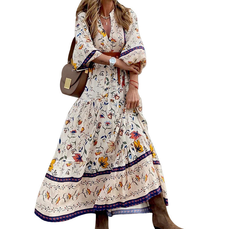 Beth Dutton Bohemian Dress Summer Spring Midi Dresses Sexy V-neck Long Sleeve Fashion Print Loose plus Size Dress