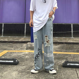 Anime Print Jeans Denim Pants Denim Loose Wide-Leg Straight Trousers Men