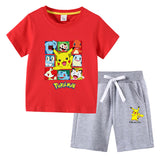 Children Pokemon Pikachu Tshirts & Shorts round Neck Half Sleeve T-shirt Suit Cotton Two-Piece Suit