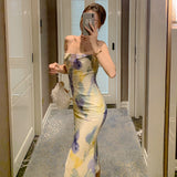 Abstract Bodycon Dress Summer Tie-Dyed Fabric Suspender Dress