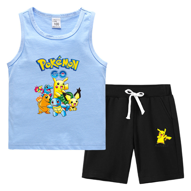 Children Pokemon Pikachu Tshirts & Shorts Vest Middle Pants Sports Casual Thin Two Pieces