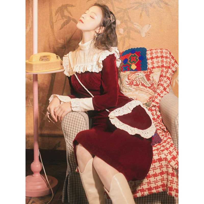 Fairy Dress Autumn and Winter Women's Clothing Hepburn Style French Dress Vintage Velvet Stitching Lace