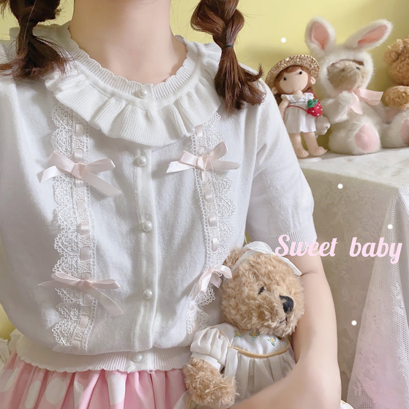 Gothic Lolita Harajuku Style Clothing Short Bow French Girl White Short Sleeve Knitted Tup Cardigan