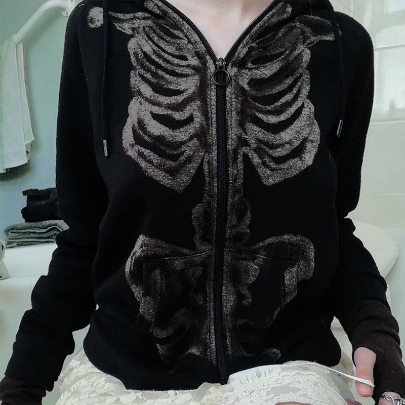 Skull Hoodie Halloween Skull Printed Full-Zip Cardigan Fall Winter Coat
