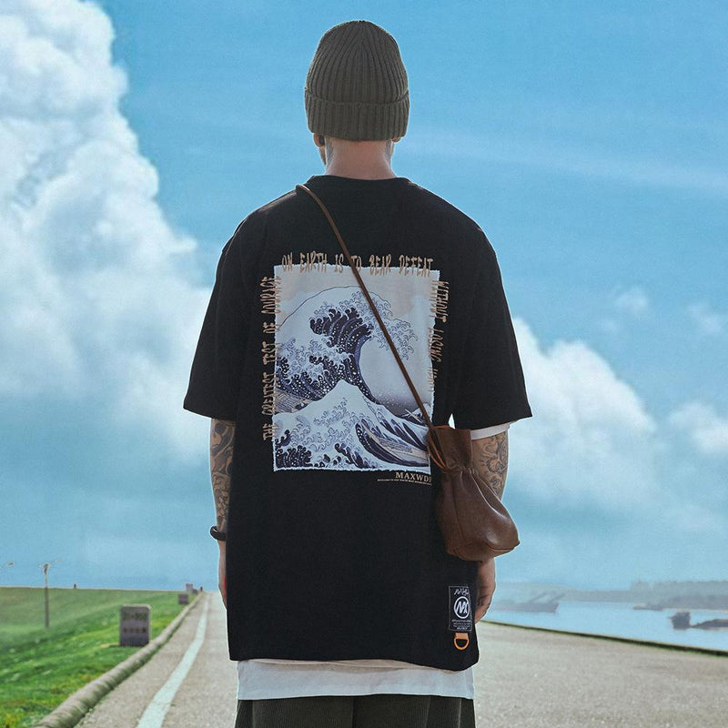 Men T Shirt Summer Casual Tops Wave Printed Short Sleeve T-shirt Men's round Neck Half Sleeve Street Fashion Loose Half Sleeve