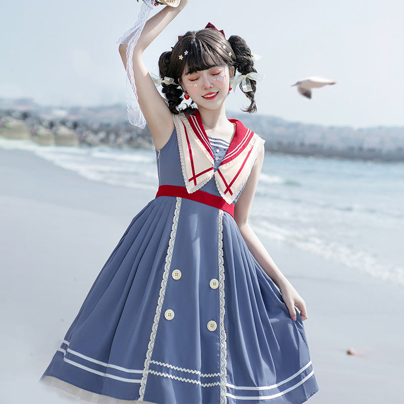 Gothic Lolita Harajuku Style Clothing Lolita Skirt Azure Poetry Op Japanese Style Sweet College Style Sailor Collar Lolita