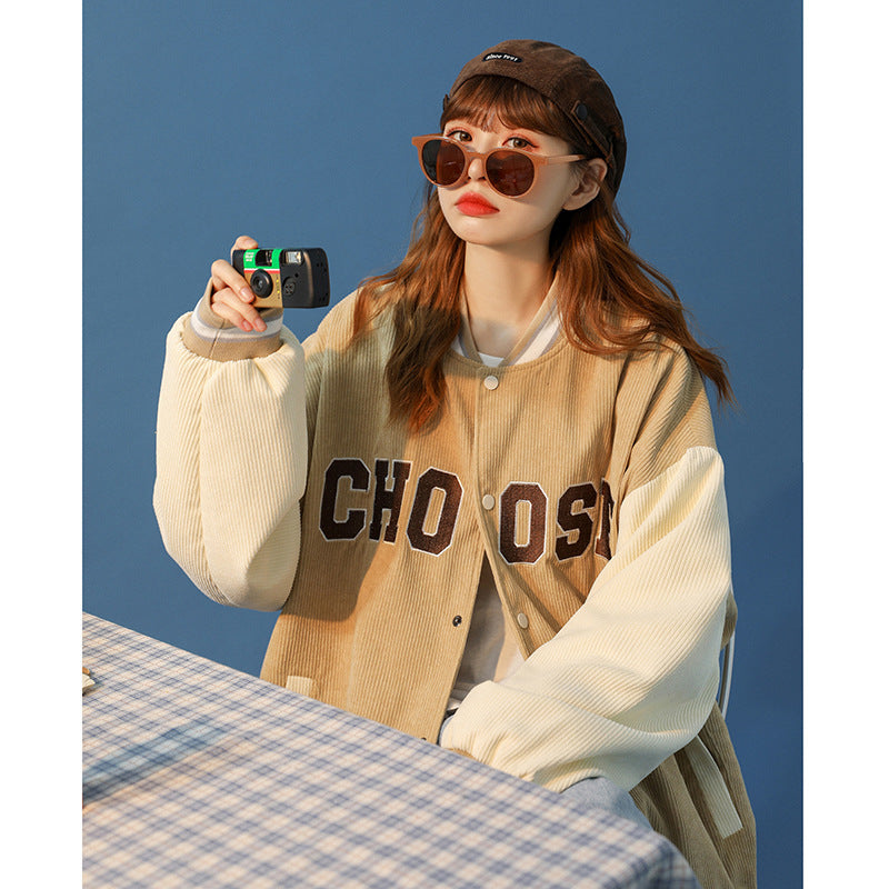 Corduroy Patch Jacket Baseball Uniform Men's Spring and Autumn Baggy Coat