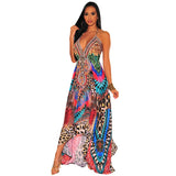 Women Exotic Dresses Summer Retro V-neck Sexy Backless Dress Printing Slip Dress