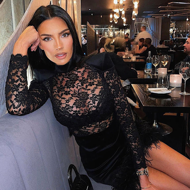 Emily Ratajkowski Dress Sexy Hip Lace Stitching Suede Dress