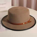 Straw Hat Vintage Belt Buckle Flat Top Hat Sun Protection Beach Sun Hat