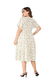 Women Plus Size MIDI Dressesv Collar Waist Trimming Short-Sleeved Printed Dress