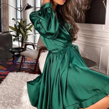 Knee Length Semi Formal Dresses for Wedding Women's Long Sleeve V-neck Solid Color Wide Hem Lantern Sleeve Belt Dress