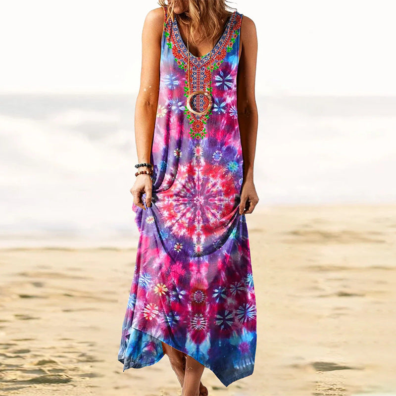 Women Bohemian Dress Summer Printed Sleeveless Dress