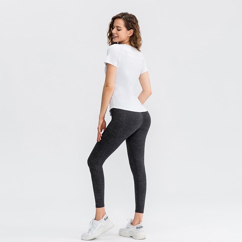 Moisture Wicking Shirts Women Tight Yoga Short Sleeve round Neck T-shirt Patchwork Breathable Quick-Drying Running Workout Clothes