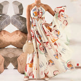 Women Dreese Backless Printed Flower Large Swing Suspender Skirt Seaside Sexy Beach Dress