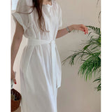 Fairy Dress Summer T Solid Color High Waist Slimming round Neck Midi Dress